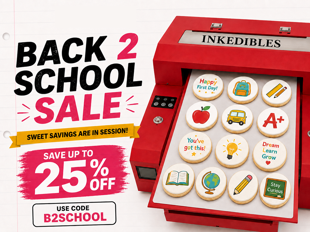 Inkedibles Back 2 School Sale with savings up to 25 percent on qualifying edible printing supplies and edible printers