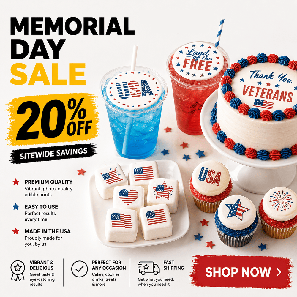 Memorial Day Sale on edible printers, frosting sheets, edible inks, custom edible prints and patriotic edible toppers