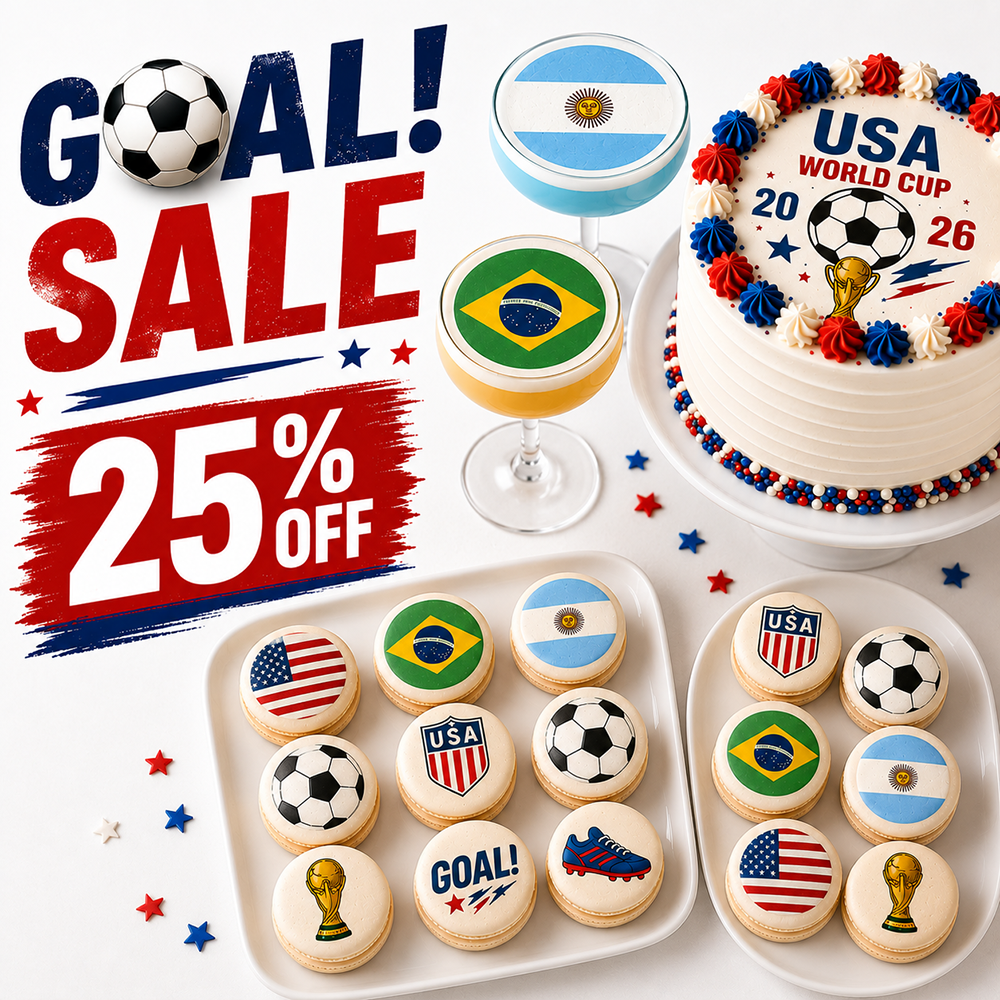 World Cup Sale on edible ink printing supplies, custom edible prints, cake toppers, cookies, macarons, drink toppers and cakes